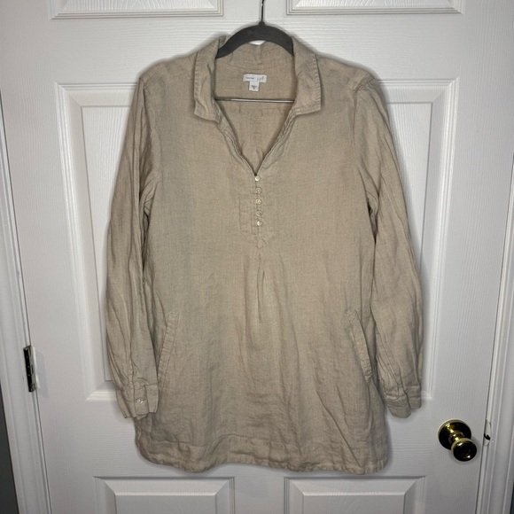 J. Jill Oatmeal Tan Casual Tunic Shirt Relaxed Fit 100% Linen Size Medium GUC - Picture 1 of 6